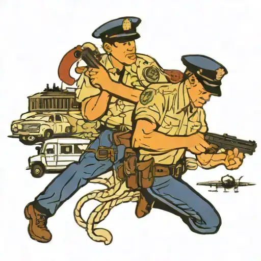 A Traditional Tattoo Showcasing A Police Officer In Uniform Exploring Various Travel Destinations