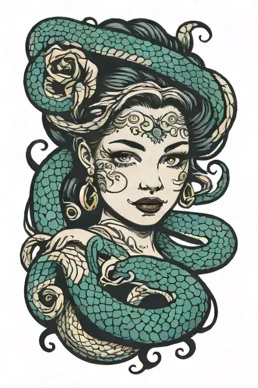 Girl And Snake Coiled