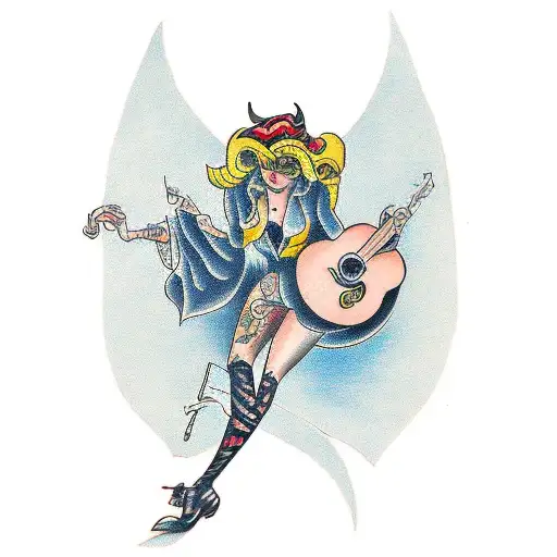 A Traditional Tattoo Of A Female Devil Playing A Guitar