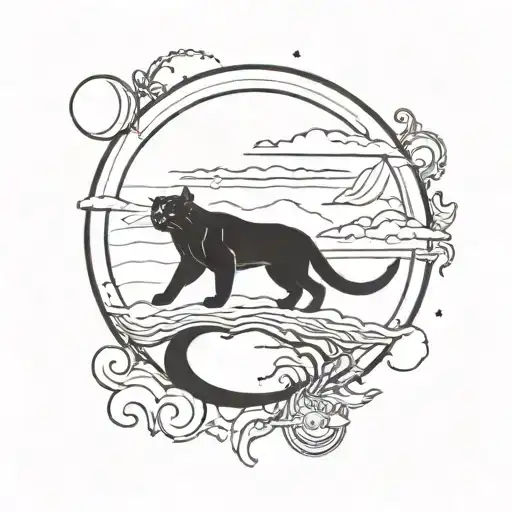 A Blackwork Tattoo Of A Moon Panther Silhouette Against A Full Moon