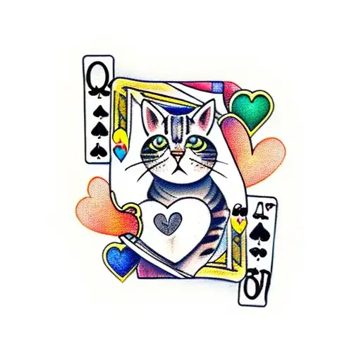 Cat With Card Q Heart And Q Diamond As Poker Master