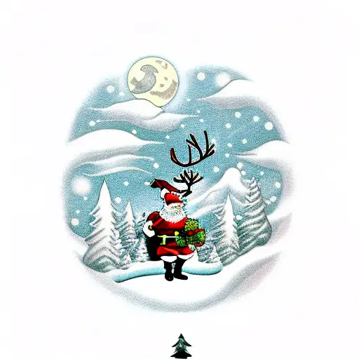 Santa Claus E Reindeer Above Snowy Forest In Full Moon Night