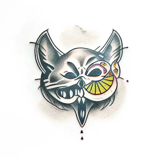 Cartoon Black Cat Sitting On Human Skull