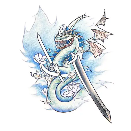 Katana With Flowers And A Dragon Winding Around It