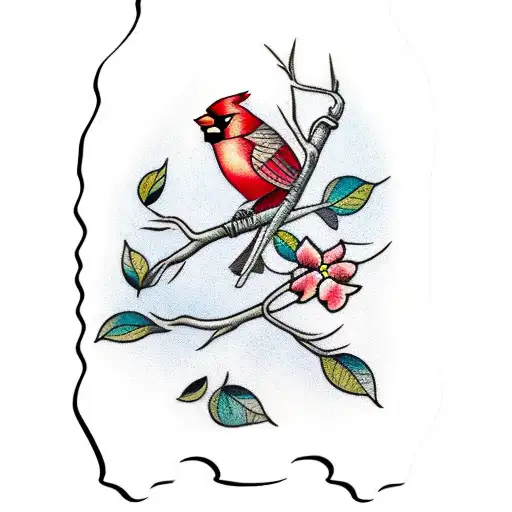 Blooming Dogwood Branch With Male Cardinal