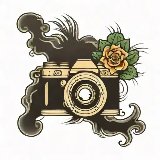 A Tattoo Design Of A Camera Surrounded By Smoke And Cactus As A Creative Element