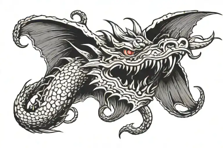 Dragon Head Tattoo Design In The Middle Of A Pair Of Wings For Chest