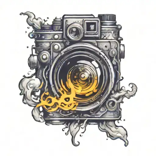 A Camera Lens Surrounded By Swirling Smoke And Melting Elements