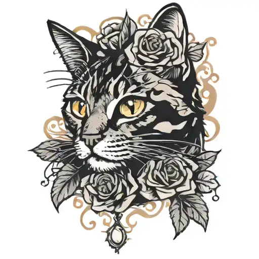 Torbie Cat Face With Gothic Black Roses Surrounding
