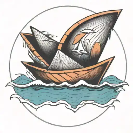 Creat A Traditional Tattoo Of An Oragami Paper Boat On The Ocean Inside Of A Circle