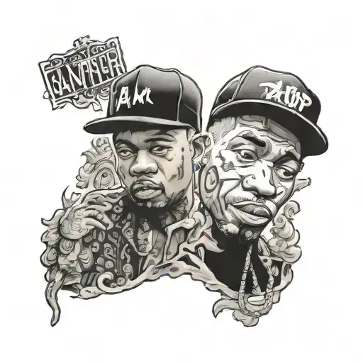 A Gangster Rap Themed Tattoo Showcasing Famous Rappers And Their Lyrics In A Traditional Style