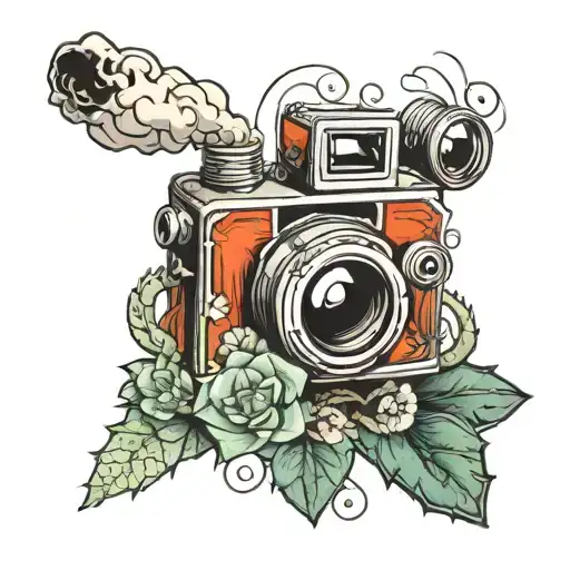 A Tattoo Design Of A Camera Surrounded By Cactus And Smoke As A Creative Element