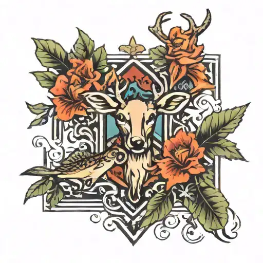 A Traditional Style Cross With Nature Elements Like Deer And Fish Incorporated Into The Design