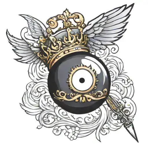 Detailed 8 Billiard Ball With A Gold Crown On Top And White Wings On The Back