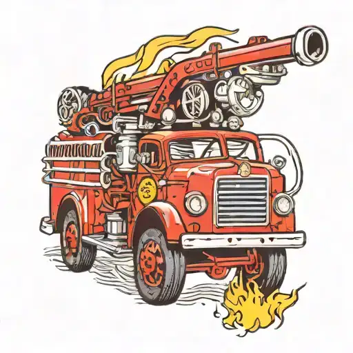 A Traditional Tattoo Of A Vintage Fire Truck Parked 3 Colors