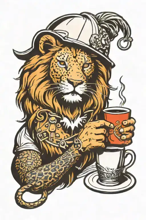 A Lion Sipping Coffee From A Mug With A Construction Helmet On