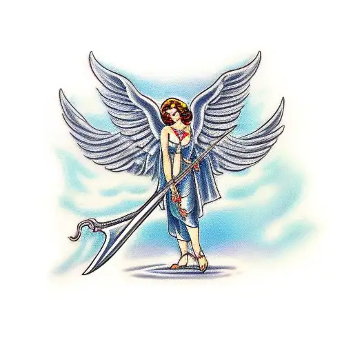 Angel With Long Hair And Wings Holding A Sword