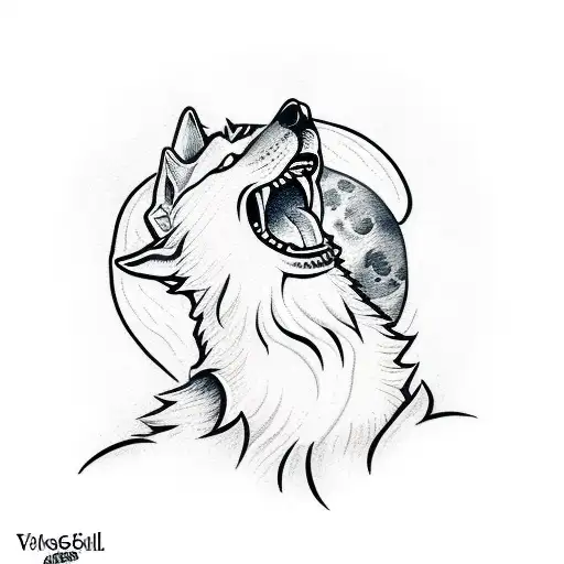 Small Line Art Drawing Of A Wolf Howling At The Moon