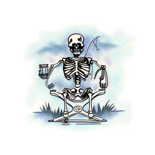 Skeleton Sitting In Lawn Chair Fishing