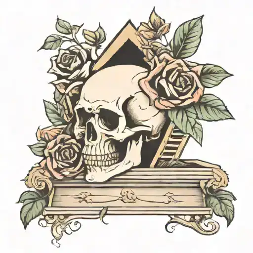 Traditional Style Skull And Roses Inside A Coffin In A Graveyard Setting