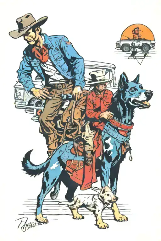 Cowboy And Dog On Road With A Nissan Gq Patrol