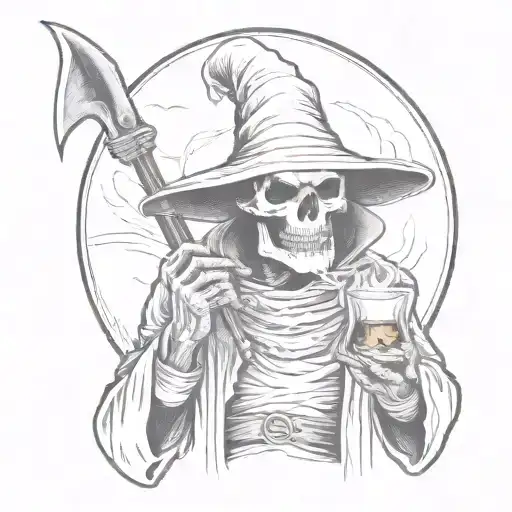 Grim Reaper Holding Whiskey Glass And Smoking A Cigarette With Scythe