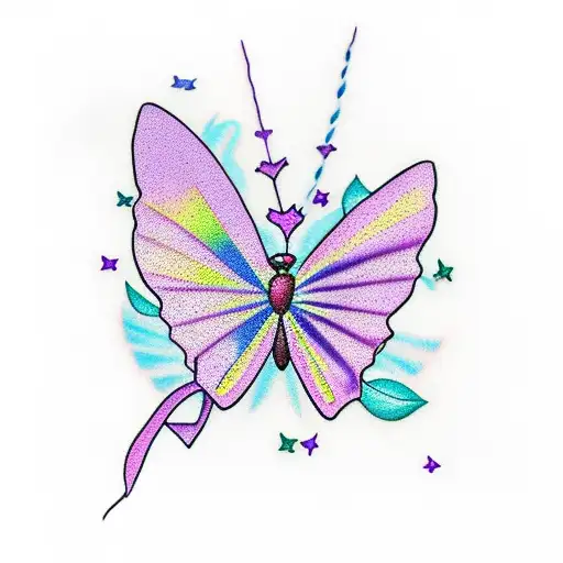 A School Of Colorful Purple Butterflies Gracefully Flying Around A Delicate Cancer Awareness Ribbon