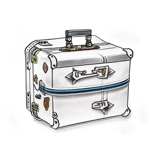 A Traditional-style Tattoo Of A Vintage Suitcase With Harry Potter-themed Travel Stickers