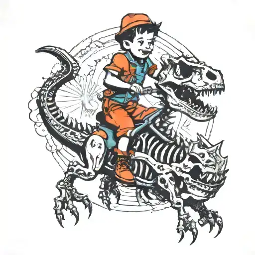 Kid Riding A Dinosaur Skeleton
