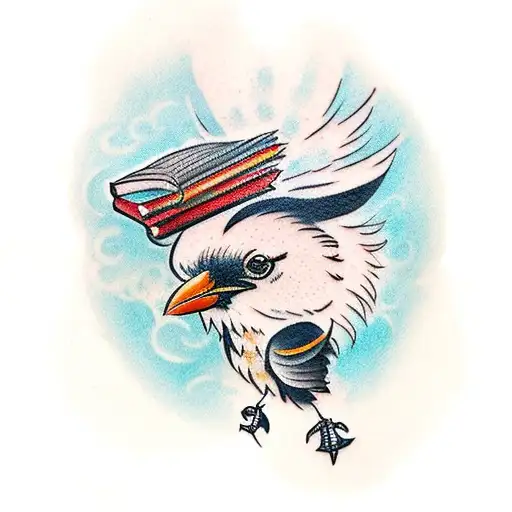 A Traditional Style Tattoo Of A Cute Crow Wearing A Historical Hat And Holding A Book