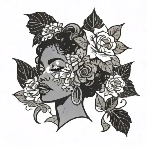 Black Woman Head With A Pick In Her Hair And Flowers Around