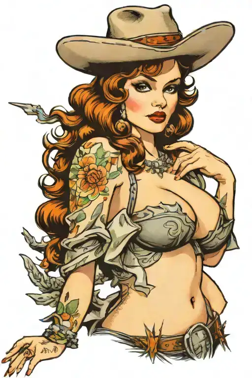 Sexy Lady With A Cowboy Hat Squeezing Her Breast Forward