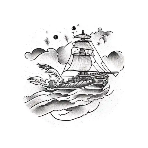 Shakespeare Boat Ship Flying Through A Storm With Lightning And A Fairy Flying Along Side The Boat