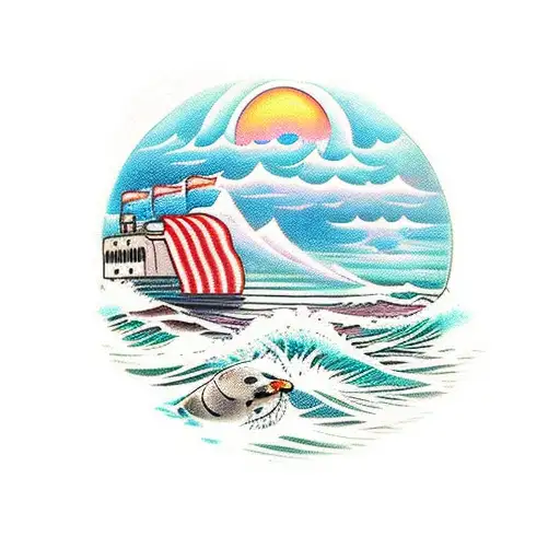 Ocean Scene With Small Seal In The Distance With A Train In The Foreground