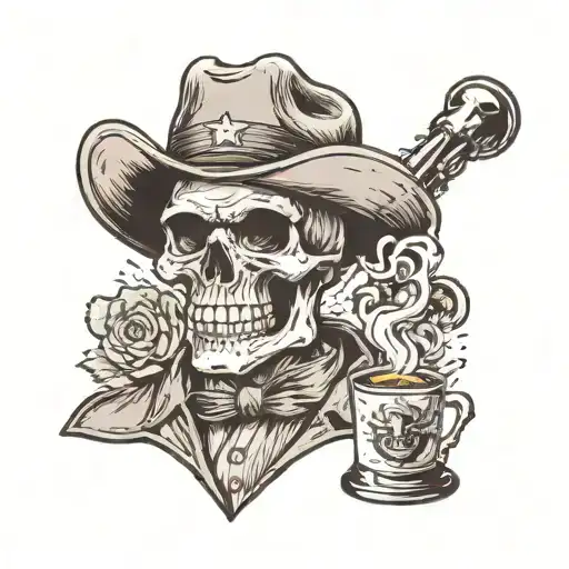 Cowboy Skull With Coffee Mug And Glasses That Reflects Nuclear Bomb