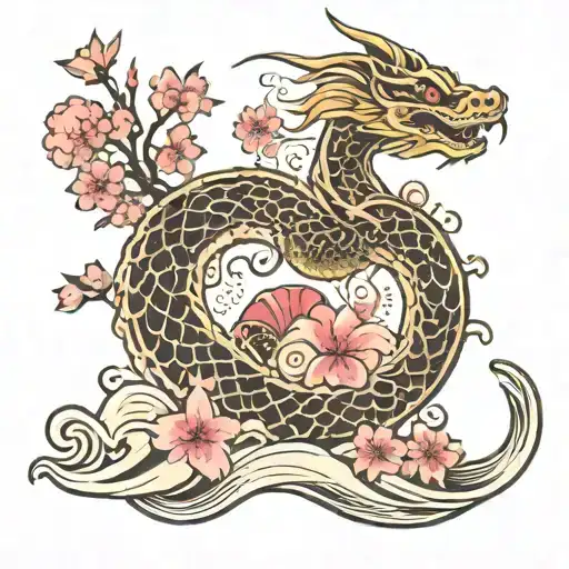 Cherry Blossom Wave With Dragon Around