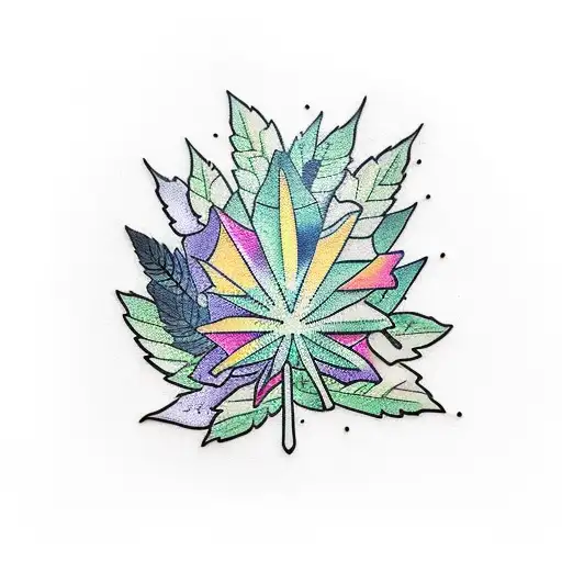 A Traditional-style Tattoo Showcasing A Hiking Trail Winding Through A Cannabis Leaf Forest