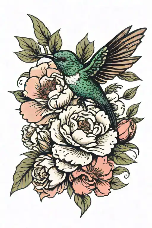 Hummingbird And Peonies