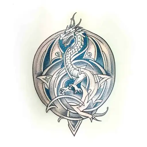 A Traditional-style Tattoo Of A Celtic Dragon Riding A Harley Motorcycle Through The Great Outdoors