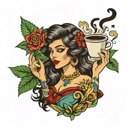 Dark Brown Haired Senorita Holding A Coffee Cup With A Marijuana Leak In Her Hair In Color
