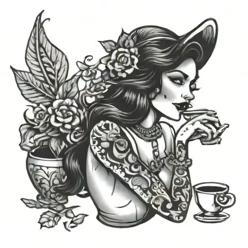 Dark Brown Haired Senorita Holding A Coffee Cup And A Joint
