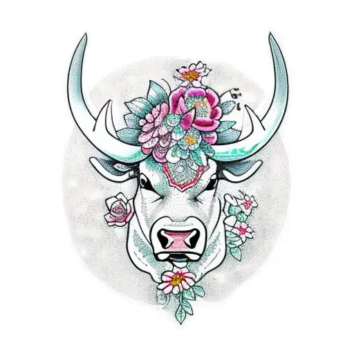 A Traditional Bull With Circuit Board Patterns And Flowers Adorning Its Horns