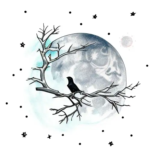 Crow On Tree Branches Night Sky Red Moon
