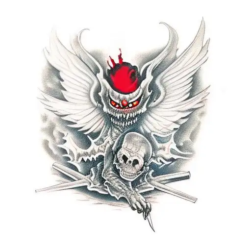 Big Black Gargoyle With Red Eyes And Large Wings Sitting On A Dark Fiery Decay Earth