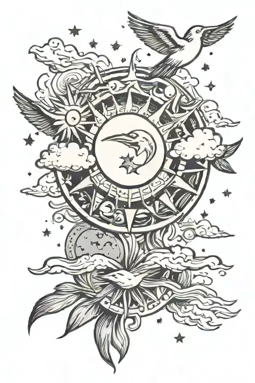 Sun And Moon And Stars And Clouds And Birds