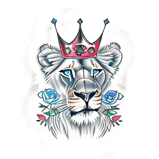 Lioness Queen With A Crown And With Blue Eyes And Roses Around