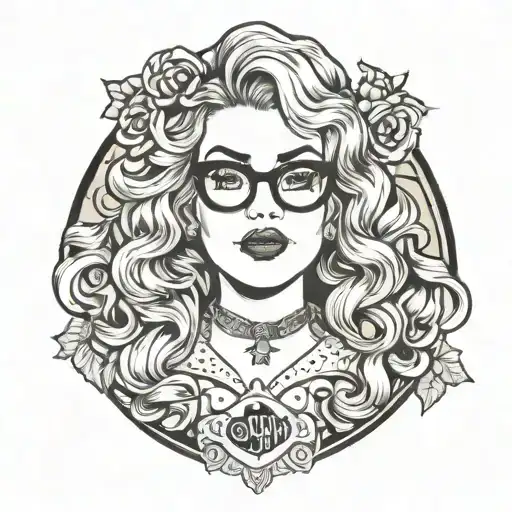 Chubby Pinup Girl With Long Curly Hair And Square Framed Glasses Gothic Alternative Style
