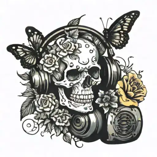 Skull Listening To Headphones With Flowers And Butterflies