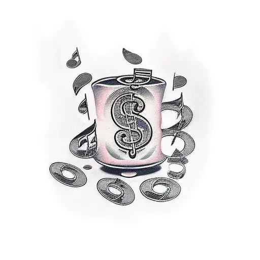 A Traditional Tattoo Showcasing A Stack Of Money With Musical Notes Swirling Around It
