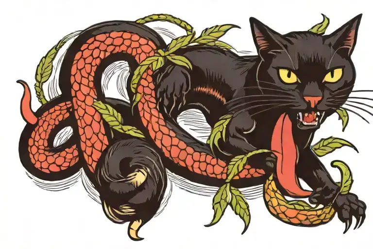 Black Cat Eating Snake